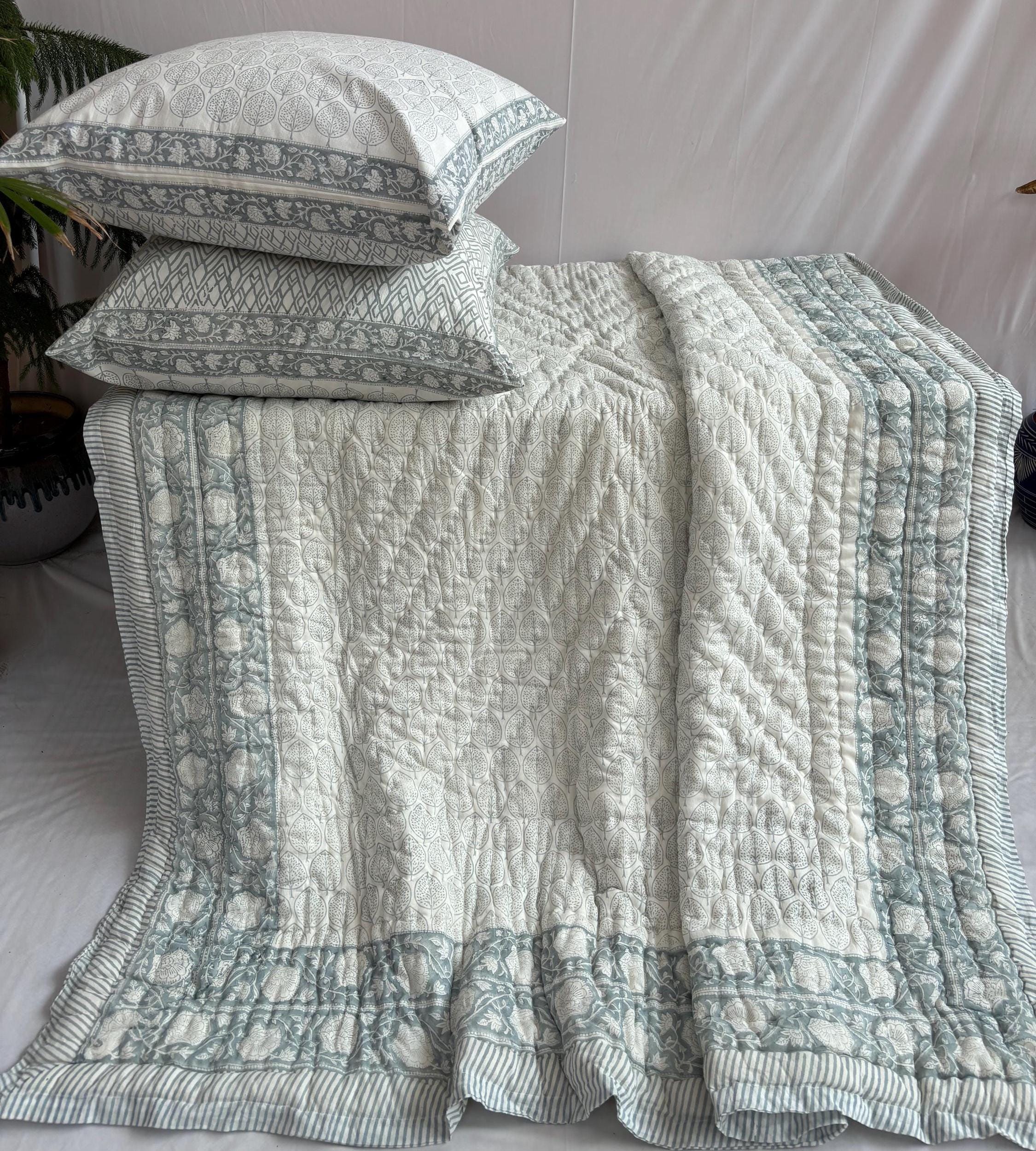 Hand Block Printed Jaipuri Quilt, Reversible Blue Floral Bedspread, Lightweight Queen Bedding Set, Decorative Cotton Comforter, Cozy Blanket