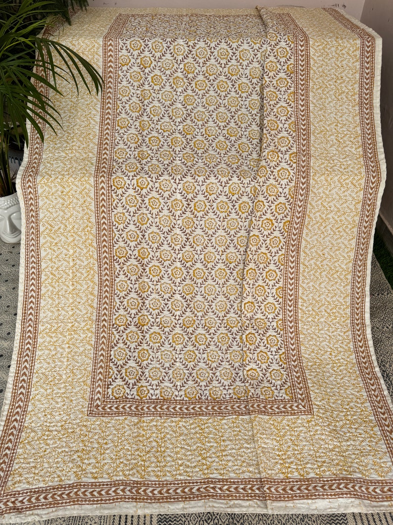 Hand Block Print Cotton Kantha Quilt, Queen Size Bed Cover, Bohemian