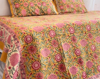 Block Printed Cotton Bedspread, Luxurious Queen Size Bedsheets, Boho Floral Flat Sheet, Reversible Pillow Cover, Unique And Stylish Bedroom
