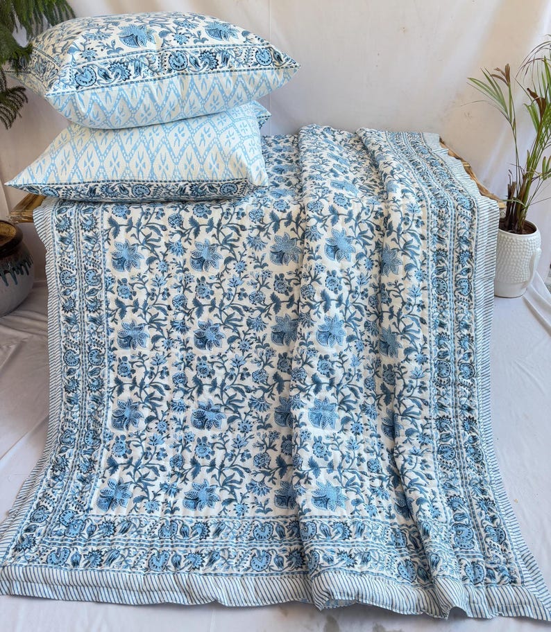 Hand Block Printed Jaipuri Cotton Quilt: Reversible Blue Floral Queen Bedspread
