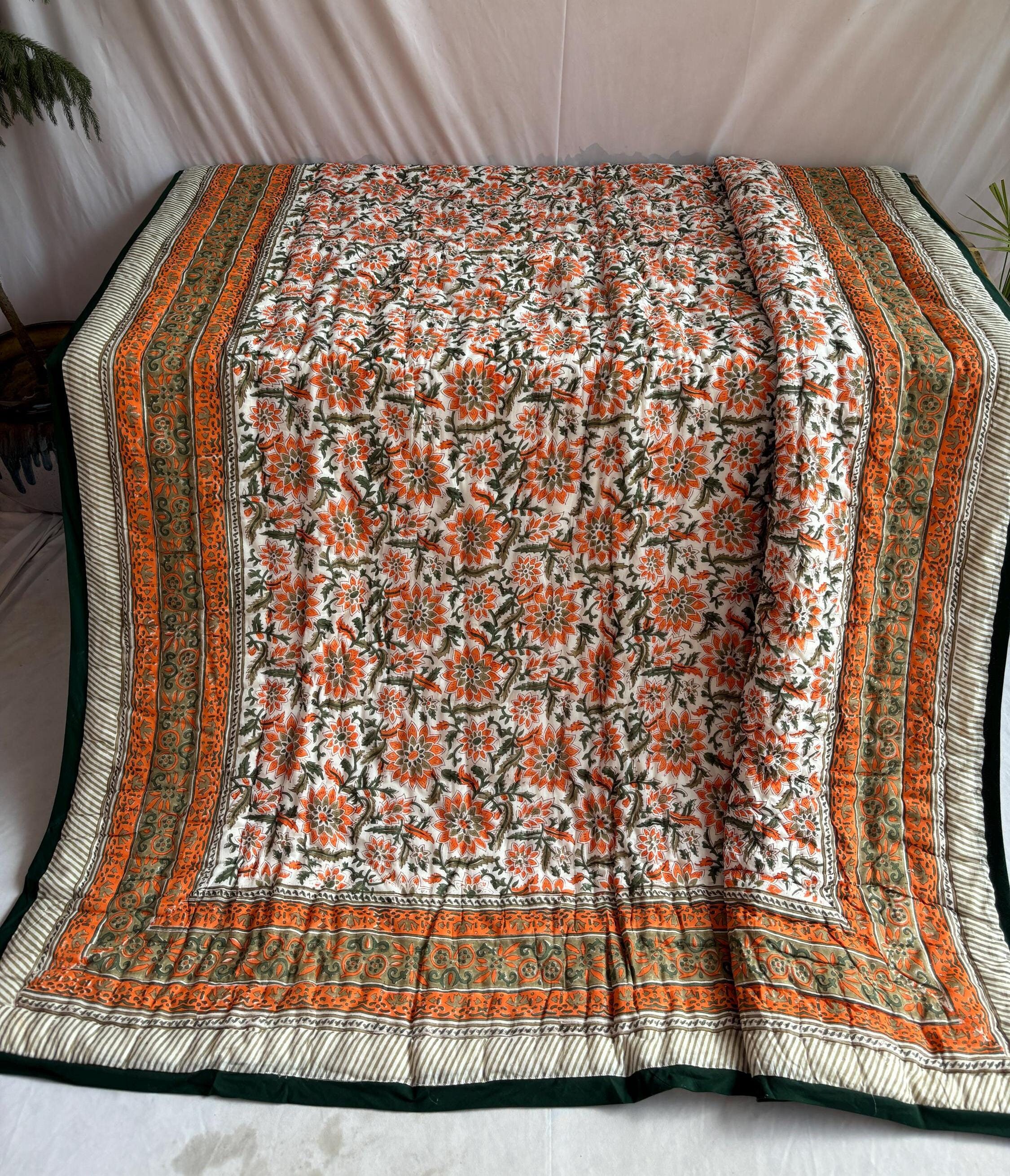 Hand Block Print Quilt, Reversible Queen Size Quilt, Vintage Style Bedding, Bohemian Cotton Quilt, Quilted Throw Coverlet,Cozy Bedroom Décor