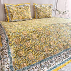 Hand Block Print 100% Cotton Floral Bedsheets, Bohemian Queen Bedspread With Pillowcases, Jaipuri Flat Sheets, Indian Decorative Bedding Set