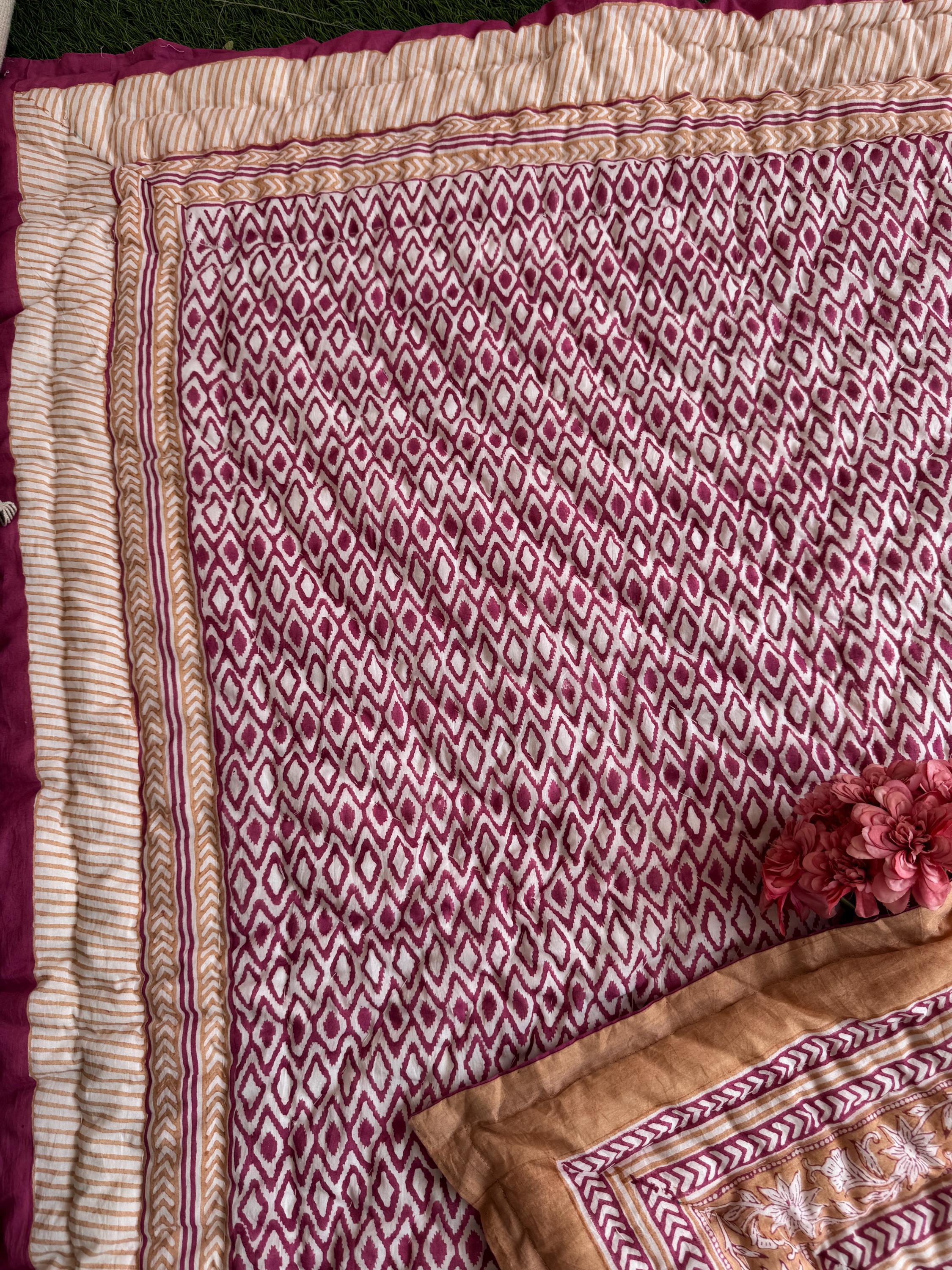 ハンドブロックプリントのベビーキルト：ボヘミアンフローラルコットン