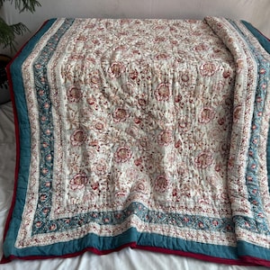 Hand Block Printed Cotton Queen Quilt: Reversible Floral Bed Coverlet
