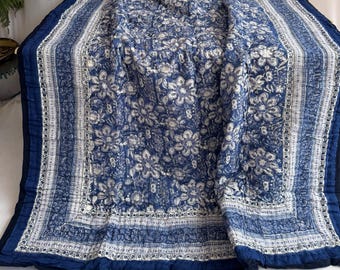 Hand Block Printed Cotton Quilt: Reversible Blue Floral Jaipuri Bedspread