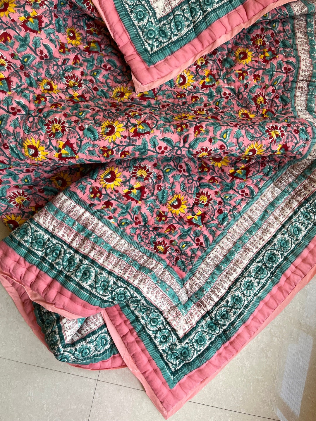 Indian Jaipuri Block Print Quilt Printed Reversible Razai Cotton Handmade Floral Quilt, Jaipuri