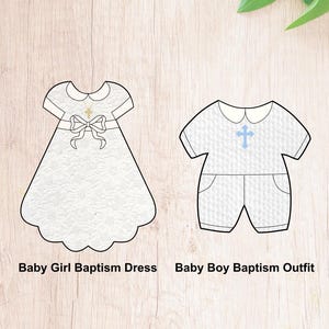 May include: A white baby baptism dress with a bow and a small cross pendant, and a white baby baptism outfit with a blue cross on the chest. "Baby Girl Baptism Dress" and "Baby Boy Baptism Outfit" are written below the images.