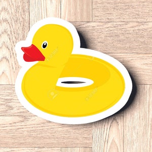 May include: A yellow rubber ducky pool float with a red beak and a white outline. The ducky is a popular pool toy for kids and adults.