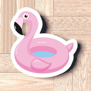 May include: Pink inflatable flamingo pool float with a white outline. The flamingo has a black beak and a white eye.