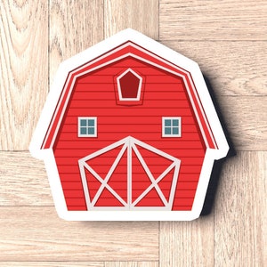 May include: A red barn with white trim and a white door. The barn has two windows and a small window in the roof.