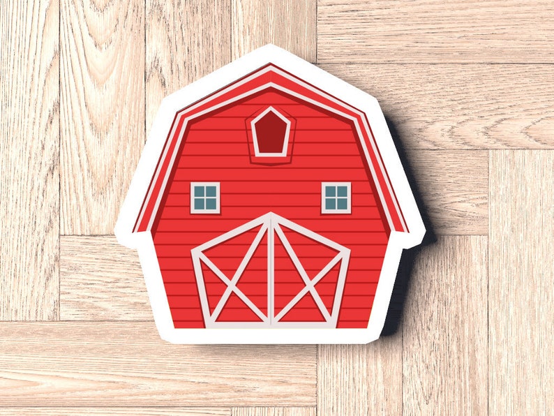 May include: A red barn with white trim and a white door. The barn has two windows and a small window in the roof.