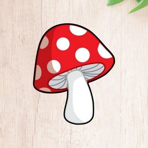 May include: A red and white mushroom with white spots on the cap. The mushroom has a white stem.