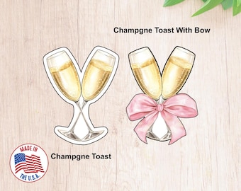 May include: Two champagne flutes clinking together with a pink bow. The image is a digital illustration of a champagne toast with a bow.