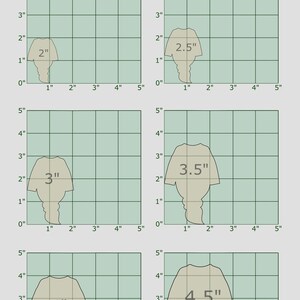 Może przedstawiać: Przewodnik po rozmiarach dla odzieży z czterema r&oacute;żnymi rozmiarami: 2 cale, 2,5 cala, 3 cale, 3,5 cala, 4 cale i 4,5 cala. Każdy rozmiar jest pokazany na siatce z oznaczeniami w calach.