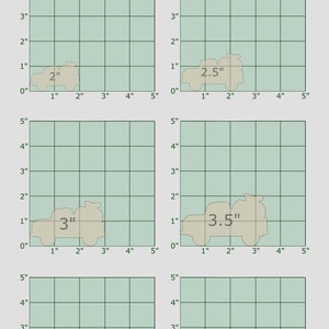 Pu&ograve; includere: Un grafico guida alle taglie con sei illustrazioni di un veicolo beige simile a una jeep, ciascuna etichettata con una dimensione diversa in pollici, da 2" a 4,5". Il testo "Size Guide" &egrave; in alto.