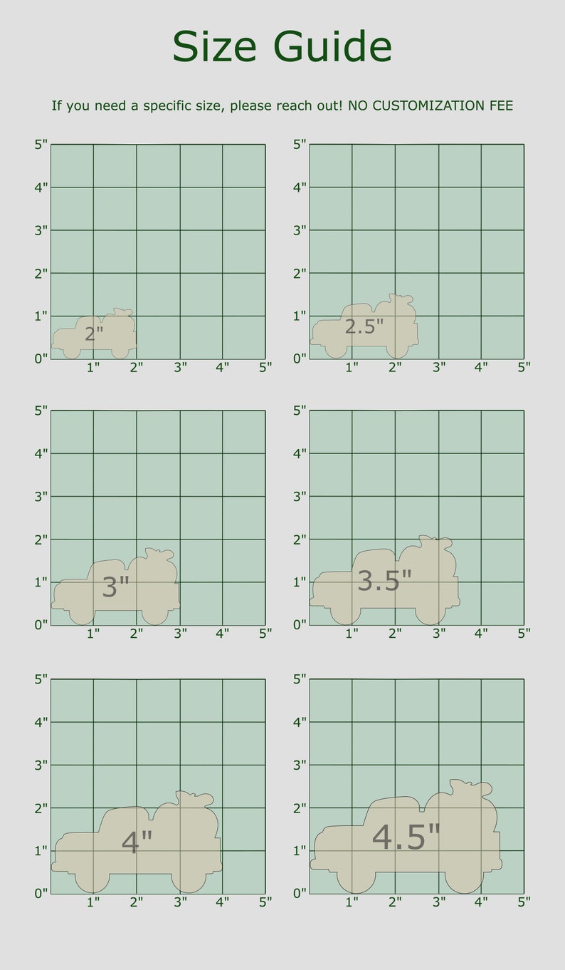 Pu&ograve; includere: Un grafico guida alle taglie con sei illustrazioni di un veicolo beige simile a una jeep, ciascuna etichettata con una dimensione diversa in pollici, da 2" a 4,5". Il testo "Size Guide" &egrave; in alto.