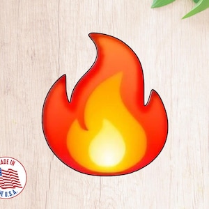 May include: A stylized flame emoji in red, orange, and yellow, with a white center. The image includes a "Made in the U.S.A." sticker with an American flag.