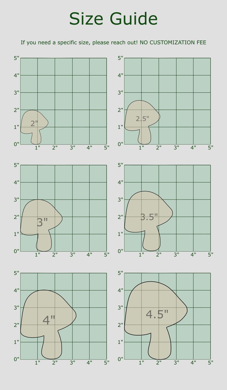 May include: Size guide for mushroom-shaped decorations. The guide shows four different sizes of mushrooms, ranging from 2 inches to 4.5 inches in diameter. Each mushroom is shown on a grid with inch markings.