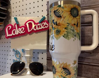 40 oz Tumbler with handle, Sunflowers, Sunflower Lover, Personable Cup
