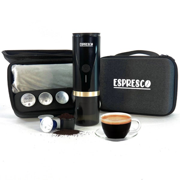 Portable Mini Espresso Machine - Self-Heating - Carry Case - Compatible w/ Nespresso Pods & Ground Coffee - Camping, RV, Car - Gifts for Him