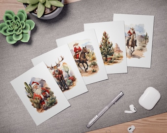 Puede incluir: Un conjunto de tarjetas de felicitación en acuarela que representan a Papá Noel en un entorno desértico. Las tarjetas muestran a Papá Noel con cactus, montando a caballo e interactuando con la fauna del desierto. La paleta de colores incluye rojos, verdes y marrones.