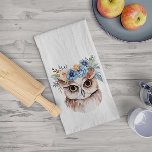 Watercolor Woodland Animals Tea Towel, Floral Owl Kitchen Towels for Fall Housewarming Party Gift, Christmas Gift for Kitchen, Owl Towel