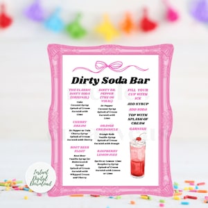 以下が含まれることがあります： 「Dirty Soda Bar」の文字が入ったピンク色のフレームの看板には、ソーダのレシピが記載されています。看板には、上にチェリーが乗ったソーダの絵も含まれています。看板には、白い円の中に「Instant Digital Download」という文字も入っています。
