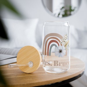 cute iced coffee cup boho rainbow iced coffee tumbler floral rainbow glass cup best friend gift for her, beer can glass custom birthday gift