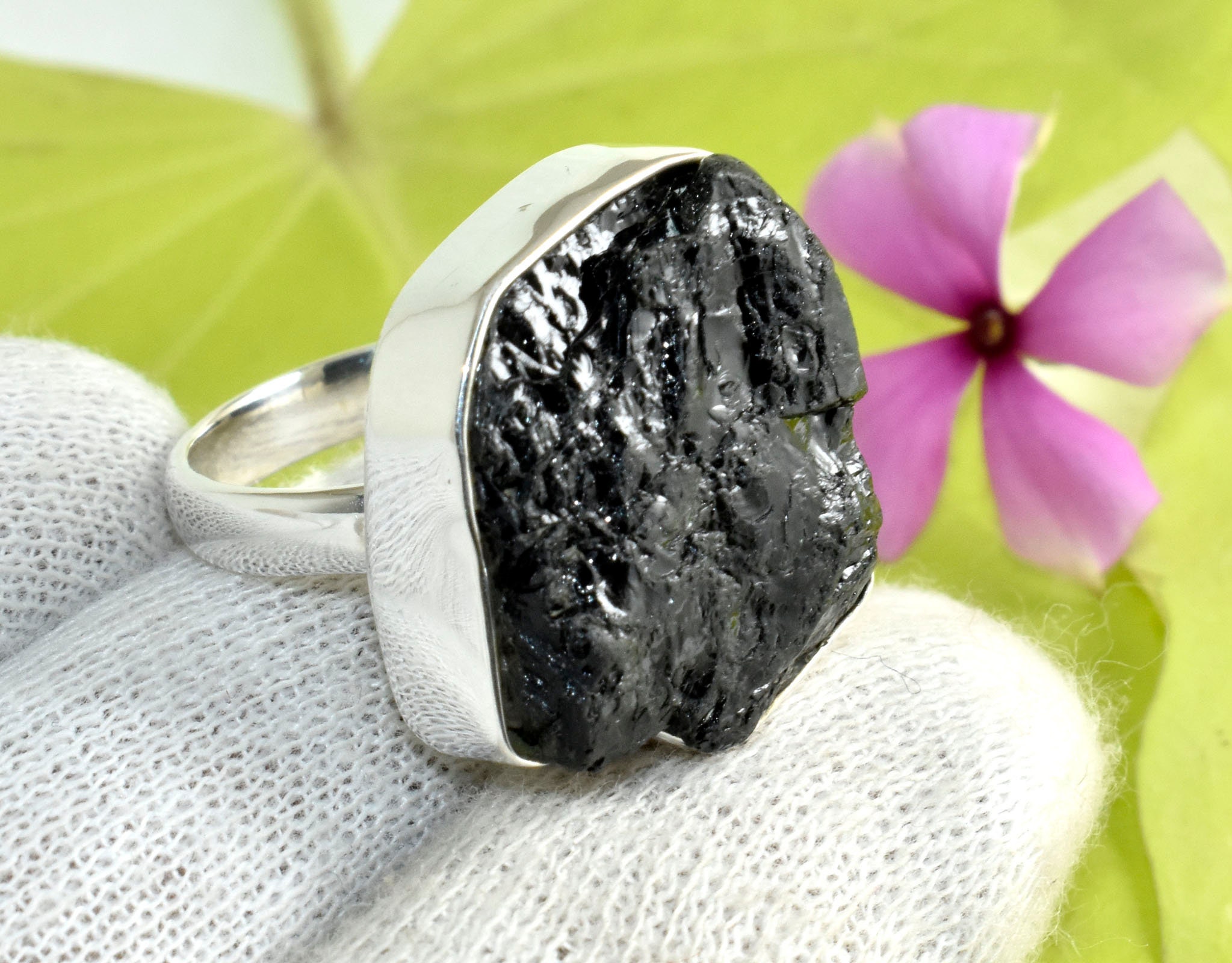 Black Tourmaline Ring, Faceted Teardrop, 925 Sterling Silver – Crystal Heart