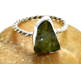 Raw Peridot Ring • Sterling Silver • August Birthstone • Dainty Gemstone Gift for Her • Raw Rough Stone• Handmade Peridot Birthstone Jewelry