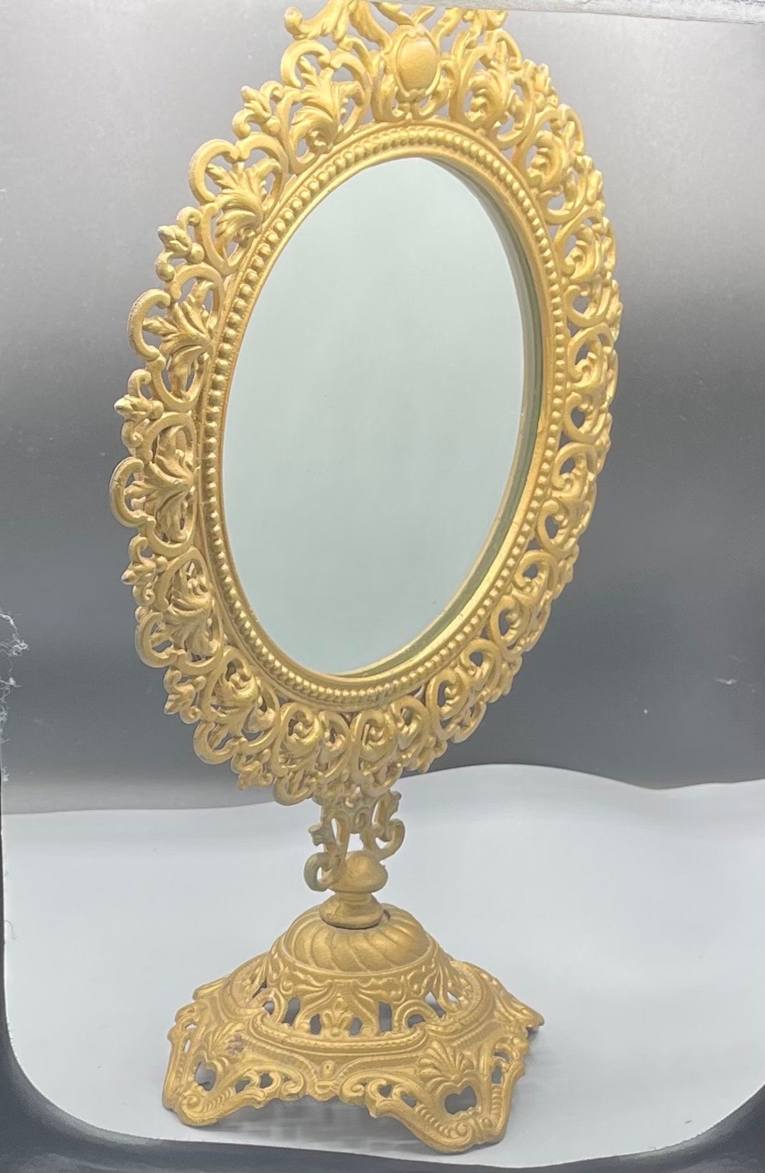 Ornate Gold Victorian Cast Iron Vanity Table Mirror With Stand, Antique