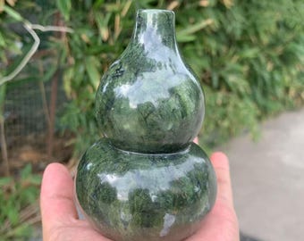 Handgesneden groene jade feng shui exorcisme kalebas hulu ornamenten standbeeld oosterse kalebas/wu lou standbeeld geluk wu lu bruiloft decor hp237