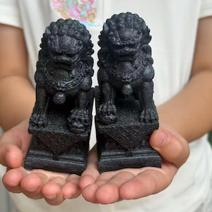 Utsökt Foo Dog-par, kinesisk Foo Fu-hund, lejon, snidad svart Foo Dog-figur, Foo Dog-statyett, snidad Guardion-kristalllejonfigur, läkning
