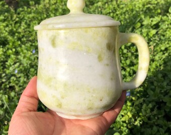 Chinese Exquisite Natural green jade tea cup, Hand Carved Crystal Mugs Juice Glass Crafts Jadeite coffee cup Crystal Water Energy Quartz
