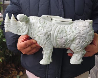 Green Jade Hollow Carved Crystal Rhino, Mythical Beast Sculpture, Feng Shui Decor, Handcrafted Jade Animal Figurine, Spiritual Ornament