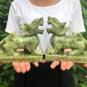 Carved Pair of  Big Natural Jade Feng Shui Pi Yao/Pi Xiu statue for Wealth Good Luck Figurine, Collectible Qilin,  brave troops Beast Wealth