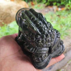 Natural Dark Green jade Money Toad Figurine Feng Shui Fortune Coin Stone Crystal Healing Toad/ Frog /Chan Chu Sculpture Prosperity Gemstone