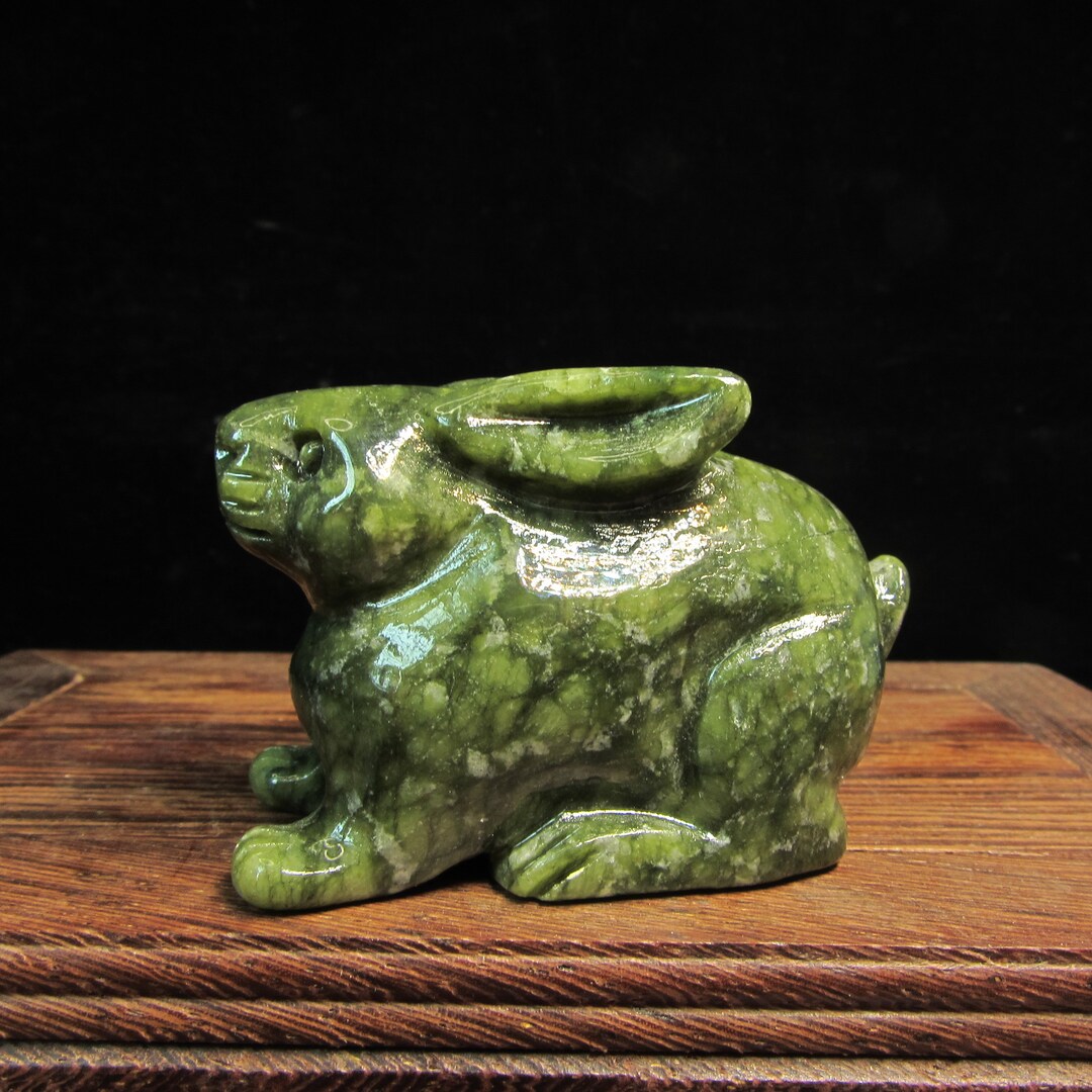 Nephrite Stone Carved Jade Rabbit Sculpture Bunny Statue, Natural Green ...