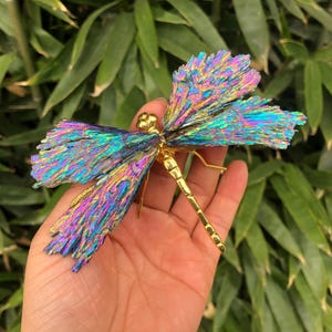Reiki Stone Blue Crystal Wings dragonfly Gold color metal  Body,Vintage Christmas Figurine Ornament Painted  Good Luck Birthday Gift Carved