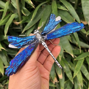 Blue Crystal Wings Dragonfly With Metal Body, Vintage Christmas Figurine Ornament Painted  Good Luck Birthday Gift Carved Reiki Stone ch002