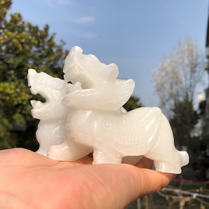 Matched pair Natural white ade foo dog lion unicorn Pi Xiu Unicorn God Beast Statue Warding Off Evil Energy Guardion Door Lion adornment X41