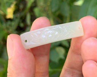 Lotus Flower carving Jade Pendant, Natural Burmese jadeite stone pendant link with Two hole Untreated Amulet necklace for Diy jewelry Charms