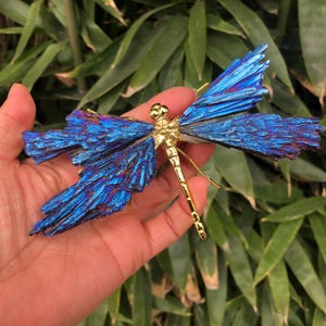 Blue Crystal Wings dragonfly Metal Gold color  Body,Vintage Christmas Figurine Ornament Painted  Good Luck Birthday Gift Carved Reiki Stone