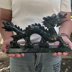 Natural Carved Large Green Jade Dragon Fengshui Figure Statue Sculpture,Hand Carved Jadeite Dragon Sculpted,Lucky Dragons Loong Statue HP124