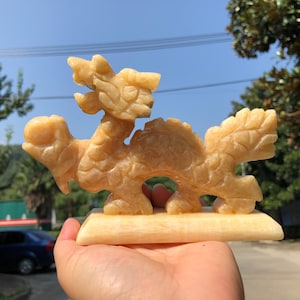 Żółty Jade smok Rzeźba Kryształ loong Statua, ozdoba powodzenia Zodiak Stojący Smok Rzeźba, Bogactwo Feng Shui Dekor hp217