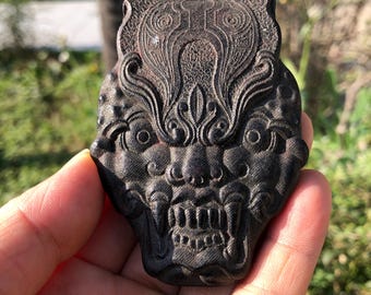 Antique Meteorite Tiger Pendant Ancient China Culture Carving Hongshan Figurine, Black Jade Crystal Healing Pendant Suspected civilization