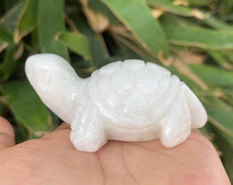 Natural White Jade Stone Sea Turtle Statue Turtle ornaments Animal Lucky Sculpture, White Jade energy Carving Turtle Stone Healing DLL055