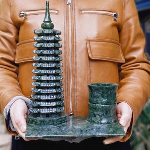 Natural green Jade Tower With Pen Holder, Energy Crystal Tower, Healing Crystals, Energy Balancing ornament, green carving pen holder