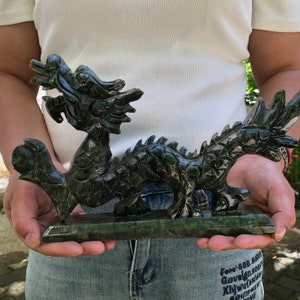 Large Natural Carved Green Jade Dragon Fengshui Figure Statue Sculpture,Hand Carved Jadeite Dragon Sculpted,Lucky Dragons Loong Statue HP124