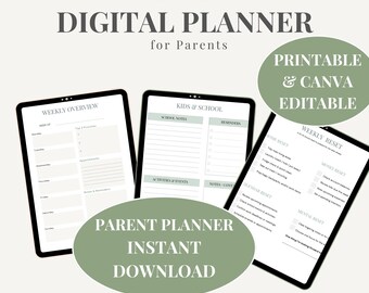 May include: Digital planner for parents with a simple and minimal design. The image shows three digital tablets displaying planner pages, including weekly overview, kids & school, and weekly reset sections. Text includes "Printable & Canva Editable" and "Instant Download."